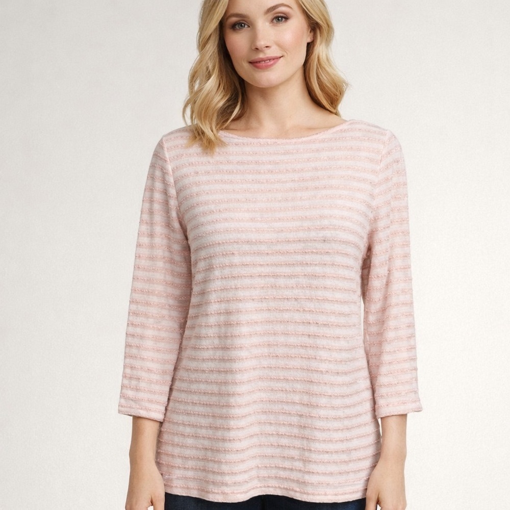 Talbots Womens Small Light Pink Striped Textured Sequin Top 3/4 Sleeve Casual